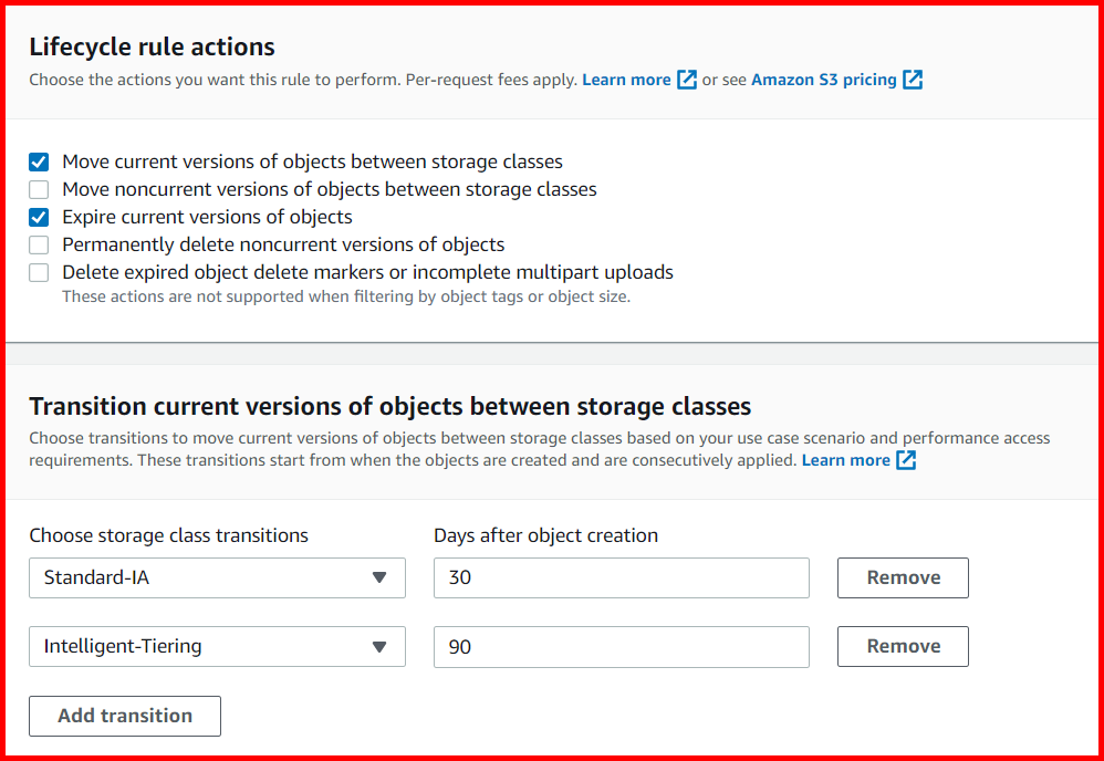 Picture showing the section of screen for specifying lifecycle rule actions